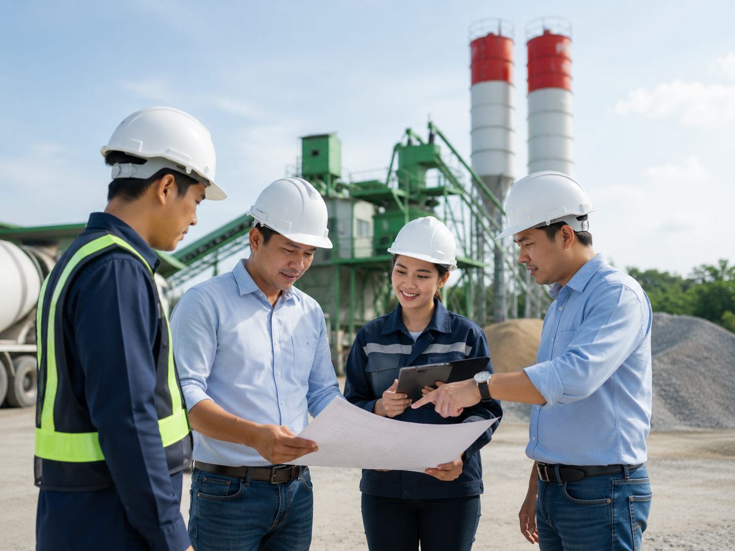 Construction team consulting with drawings at the job site