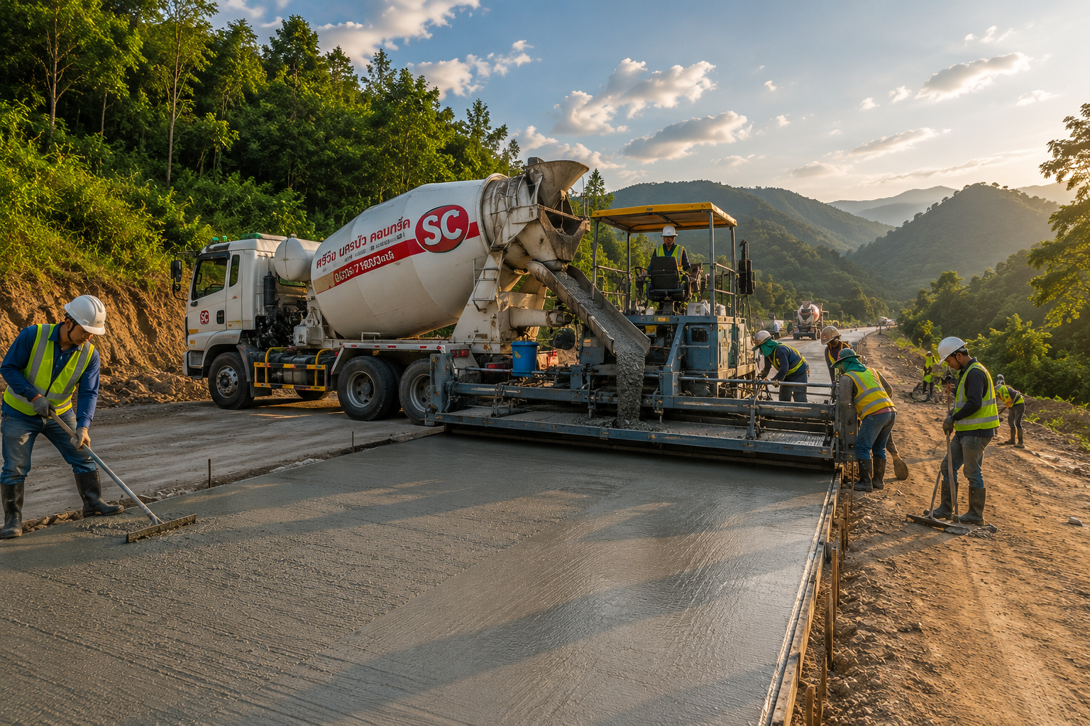 Concrete road work with mixer truck